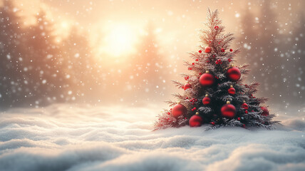 Obraz premium A minimalistic Christmas tree adorned with golden ornaments and red baubles stands out against a serene snow-covered landscape at sunset