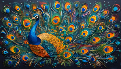 Fototapeta premium A vibrant peacock with intricate, layered paper feathers, radiating outward against a dark, starry background