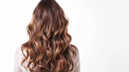 Fototapeta premium A back view of a woman with glossy and curly brown hair on a white background, haircare shampoo, and coloration