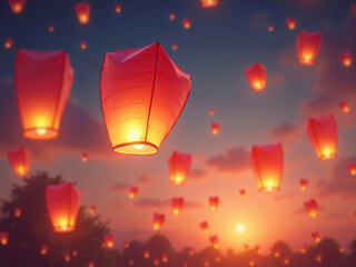 Obraz premium Red chinese paper lanterns floating in the sky at sunset