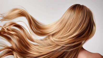 Fototapeta premium A close-up of a woman with thick, flowing honey blonde hair, full of shine and vitality, haircare campaign