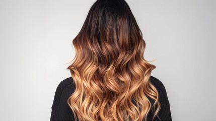 Fototapeta premium A back view of a woman with healthy, voluminous brown hair in various shades, beautifully blending from dark to light, hair dye