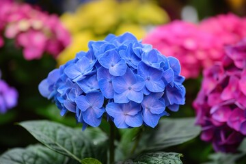 Vibrant blue hydrangea blossoms amidst a colorful blooming garden in spring