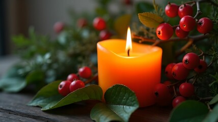 Orange candle among branches with leaves and red berries
