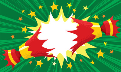 Christmas cracker in red and gold pulled open with cartoon flash bang starburst over xmas green background with rays explosion illustration