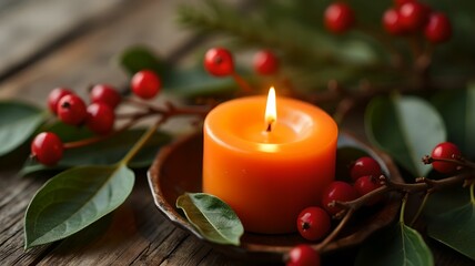 Orange candle among branches with leaves and red berries