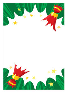 Christmas cracker in red and gold pulled open with cartoon flash bang starburst over xmas green background with rays explosion full page with large white text area