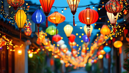 Colorful lanterns illuminate a bustling street in the twilight, creating a magical atmosphere