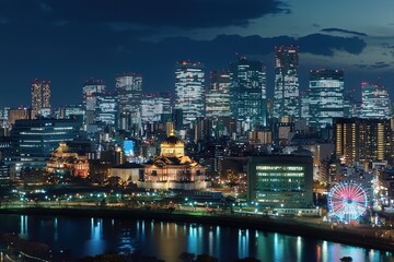 Fototapeta premium As twilight descends, the city transforms into a sparkling oasis of light