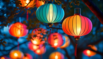 Colorful lanterns hang from tree branches, glowing brightly against a dark background