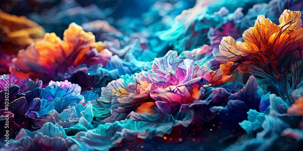 Poster a colorful underwater scene with many different types of flowers