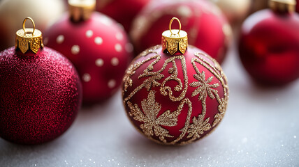 Festive red and gold Christmas ornaments arranged on a simple surface, perfect for holiday decorating and celebrations