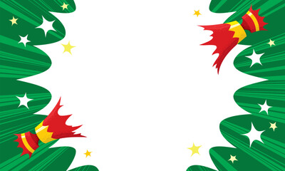 Christmas cracker in red and gold pulled open with cartoon flash bang starburst over xmas green background with rays explosion panel with large white text area