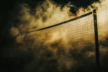 Volleyball Net Amidst Swirling Smoke: A Powerful Visual Capturing the Intensity of the Game	