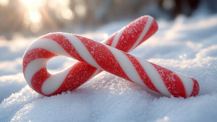 Two festive candy canes intertwined on a snowy landscape during the winter holiday season