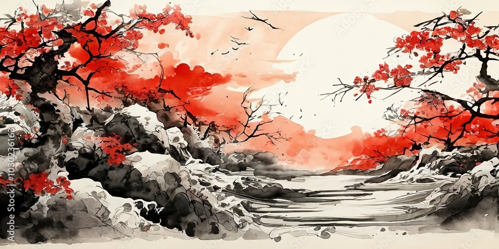 Poster a painting of a forest with a red moon in the sky