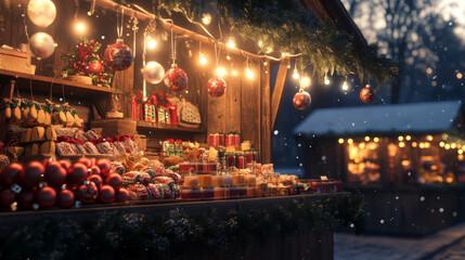 Obraz premium Traditional christmas market with tree ornaments and candles in the evening