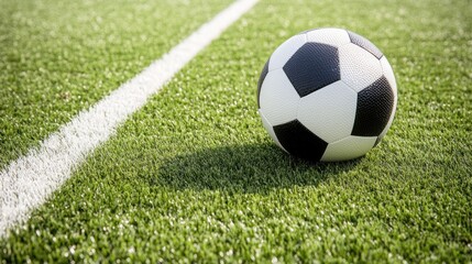 Soccer Ball on Artificial Grass Field with White Line