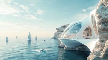 Futuristic white house built into a cliff overlooking a blue ocean with sailboats and a speedboat in the distance.