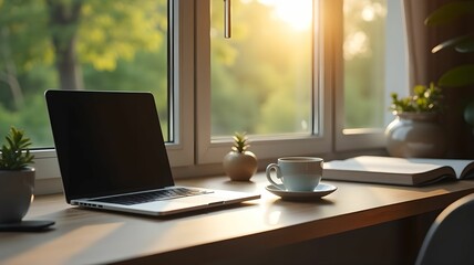 A comfortable home office setting with modern gadgets, a cup of coffee, a laptop, and a window view of nature, representing a peaceful and productive remote work lifestyle
