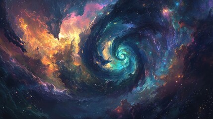 A swirling nebula with vibrant colors and a bright central core.