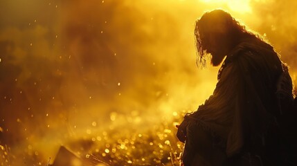 A person sits quietly in prayer, surrounded by a serene landscape bathed in golden light, symbolizing hope and faith