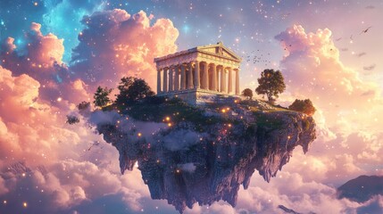 A floating island with a temple in the clouds, with a colorful sunset sky and glowing lights.