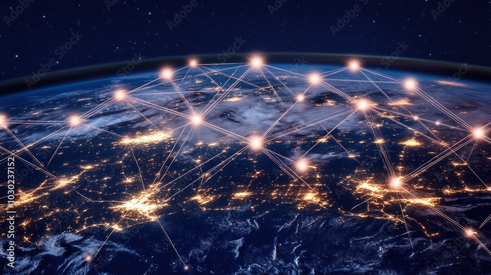 Poster earth at night with interconnected network of luminous lines