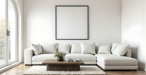 Grunge old accent coffee table near white sofa against arched window and white wall with big art poster frame. Minimalist, art deco interior design of modern living room, home.