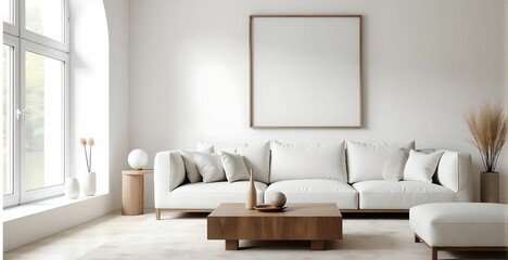 Fototapeta premium Grunge old accent coffee table near white sofa against arched window and white wall with big art poster frame. Minimalist, art deco interior design of modern living room, home.