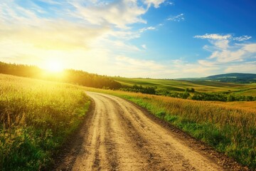 Obraz premium Golden sunlight illuminates a winding dirt path through lush green meadows at dusk