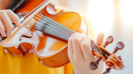 Fototapeta premium Violinist's Passion: Close-up of hands delicately playing a violin, showcasing the musician's skill and the instrument's beauty. A symphony of emotion in every note.