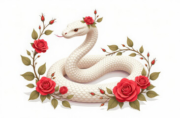 Obraz premium The Year of the Snake. Floral arrangement with a white snake on a white background. Chinese New Year 2025