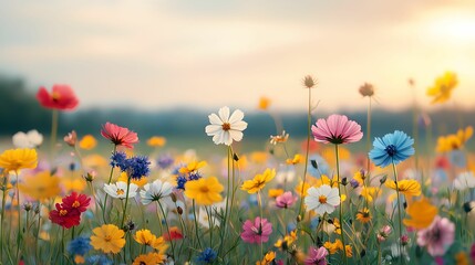 Naklejka premium A vibrant display of wildflowers blooming in a colorful meadow, bathed in soft sunlight during dusk, creating a serene and picturesque landscape.
