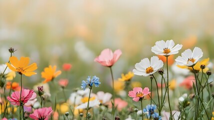 Obraz premium A vibrant field of colorful flowers blooms under soft light, creating a serene and picturesque natural scene.