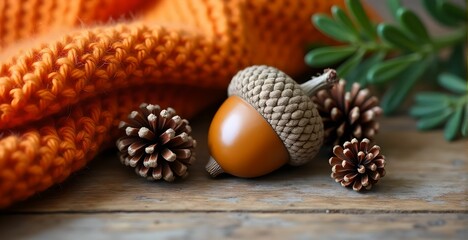 Fototapeta premium Acorn, pine cones and orange knitted blanket on a wooden table with space for text