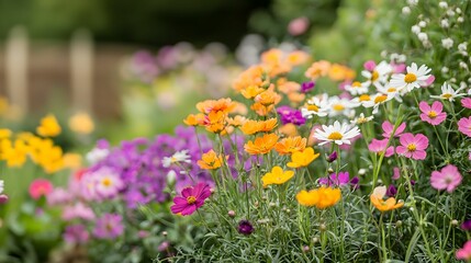 Fototapeta premium A vibrant garden scene filled with colorful flowers in various hues, showcasing nature's beauty and diversity.