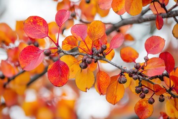 Vibrant autumn leaves in shades of red and orange glisten under soft sunlight in nature