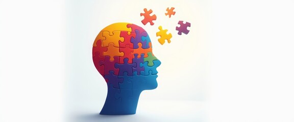 A colorful human head silhouette is depicted with puzzle pieces floating in and out, symbolizing mental health, cognition, and the complexity of the mind. The abstract design represents problem
