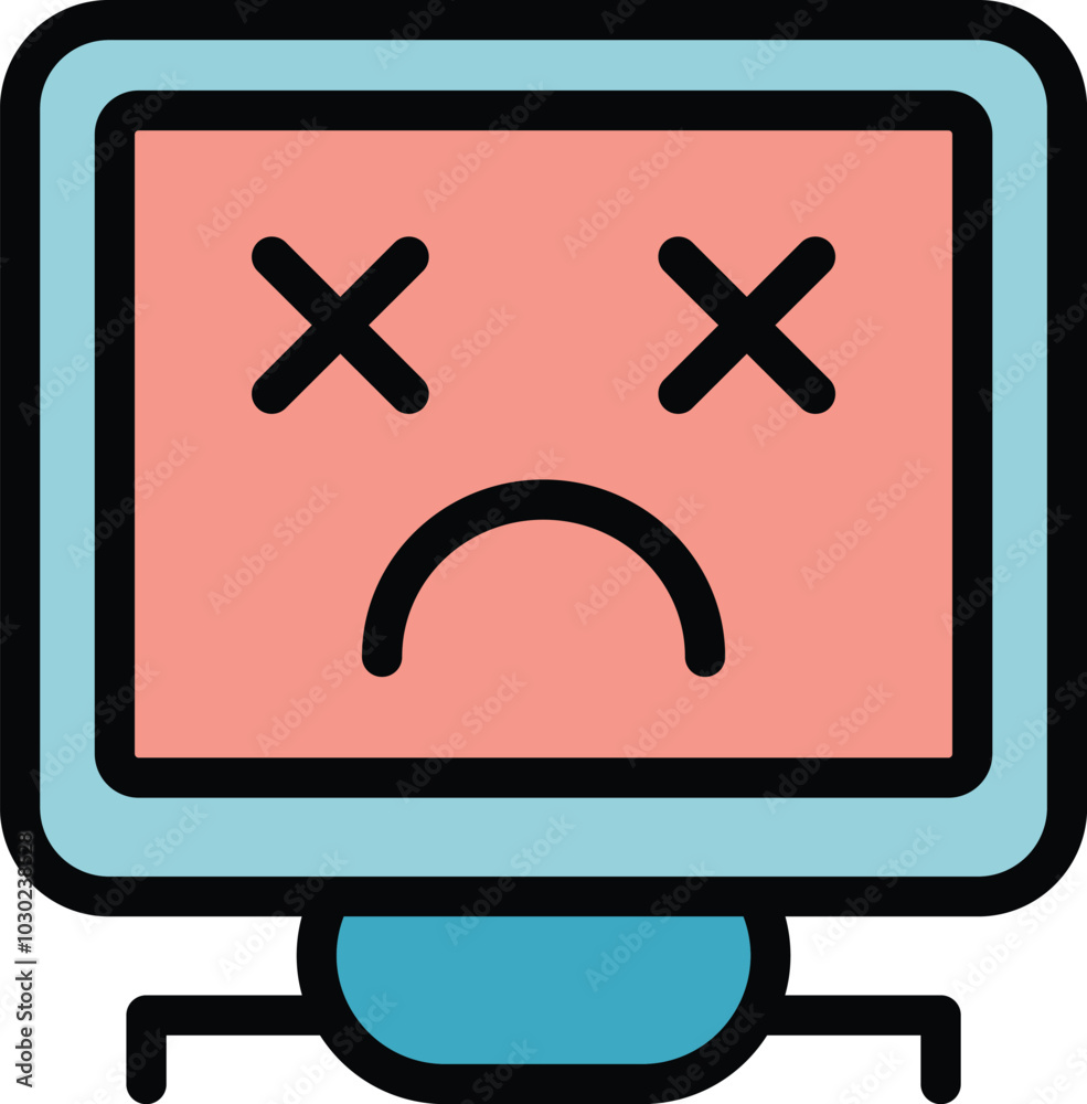 Poster desktop computer showing a sad face on the screen, representing a computer error