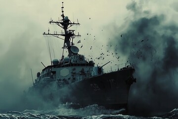 A naval vessel navigates turbulent waters amidst dramatic smoke and splashes at dawn