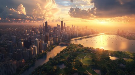 Fototapeta premium Aerial view of a modern city at sunset with a river and a park.