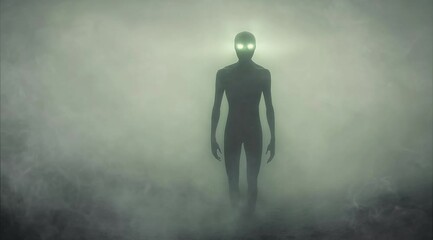 A mysterious alien silhouette stands in the fog, illuminated by a haunting glow, creating an unsettling atmosphere in an abandoned setting at dusk, copy space, halloween mood
