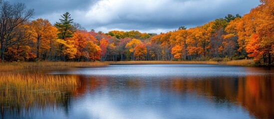 Fototapeta premium A serene lake with a backdrop of vibrant fall foliage, reflected in the still water.