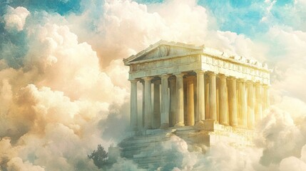 A majestic ancient temple, adorned with intricate carvings, floats serenely amidst ethereal clouds.