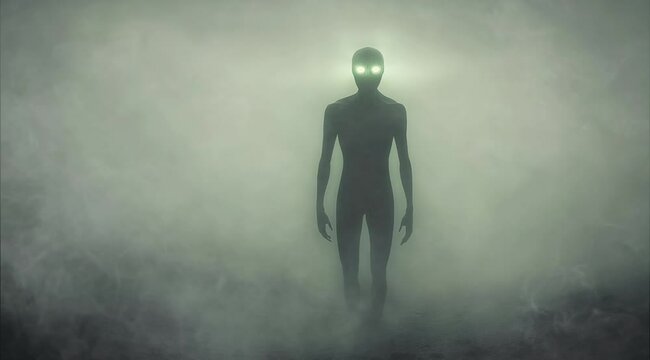 A mysterious alien silhouette stands in the fog, illuminated by a haunting glow, creating an unsettling atmosphere in an abandoned setting at dusk, copy space, halloween mood