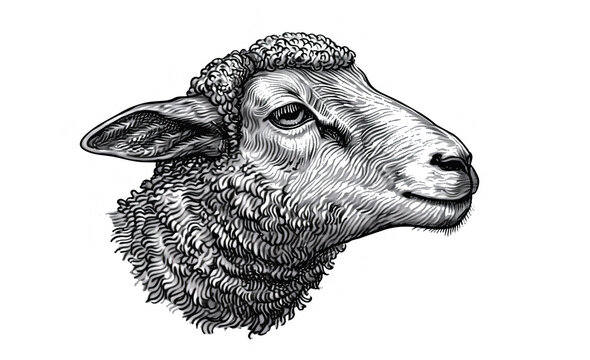 recommend clip art: Sheep, lamb. Vintage retro print, black white sheep lamb sketch ink pencil style drawing, engrave old school. Sketch artwork silhouette farm sheep lamb. Side view profile. Illustration