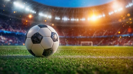 Soccer Ball on a Field with a Blurred Stadium in the Background