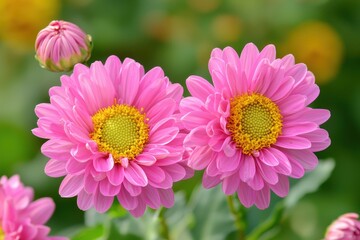 Vibrant pink daisies bloom under the warm sun in a lush garden bursting with color