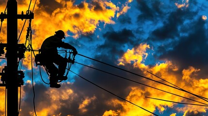 Silhouette of a Lineman Working on Power Lines at Sunset